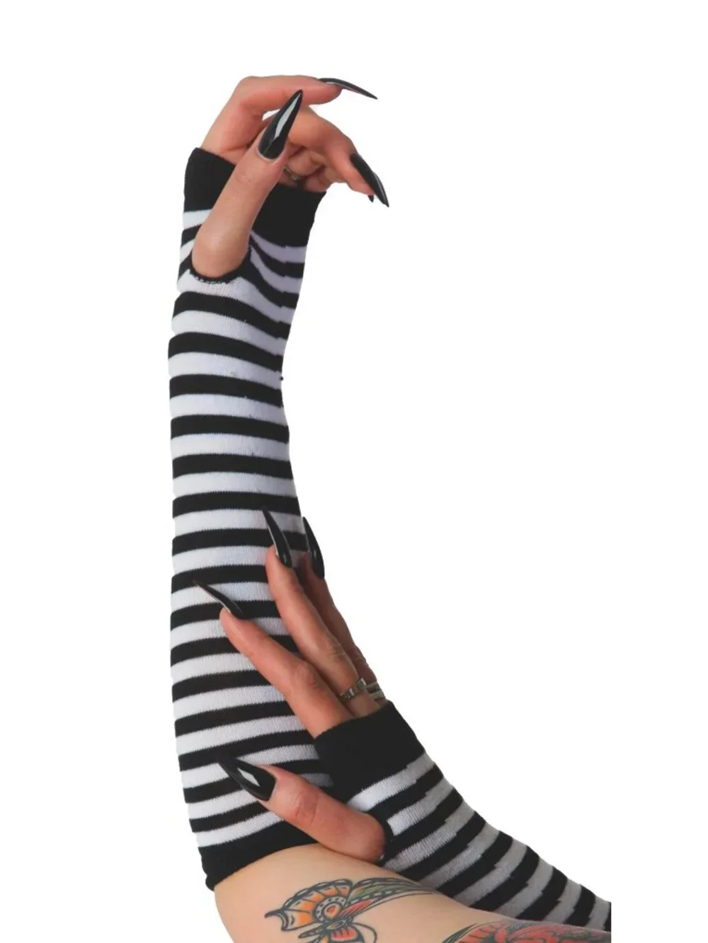 White & Black Striped Fingerless Gloves for Women